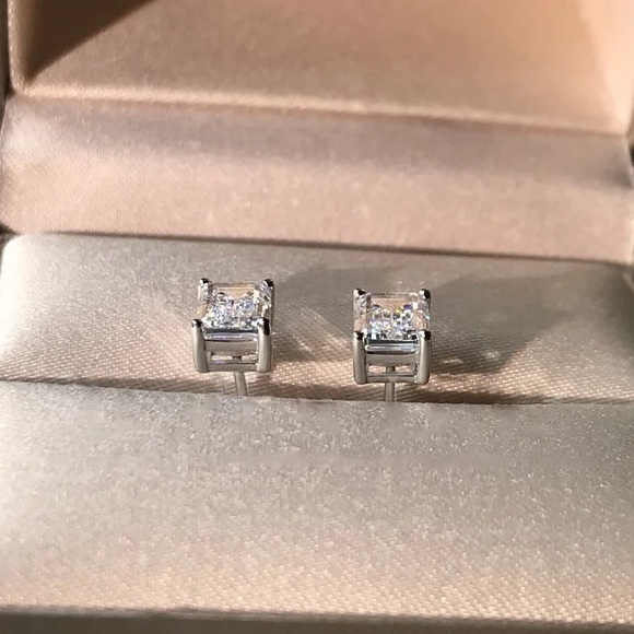 1.25Ct Sterling Silver Asscher Cut 6mm Classic Pin Rectangular Diamond Earrings - Picture 14 of 16